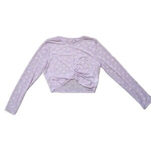 Ginger Mesh Crop Top Purple Check Floral Front Knot Long Sleeve Crewneck Sz L